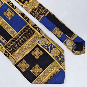 FRATELLI MODA ITALY HANDMADE SILK TIE GOLD BLUE BLACK BAROQUE LUXURY 4" X 60"